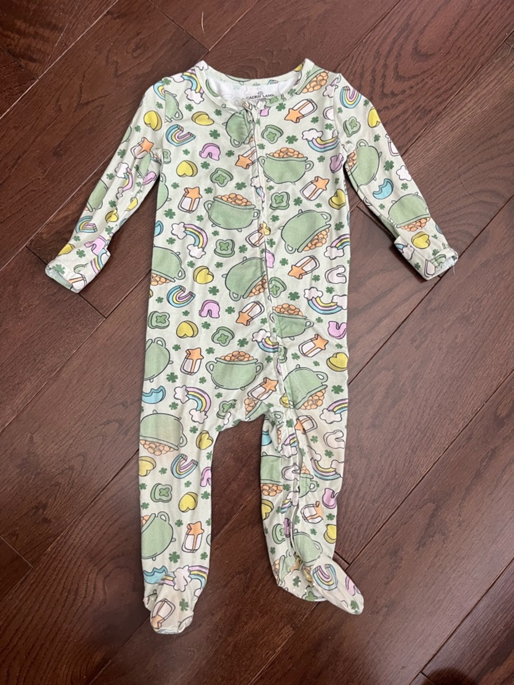 Caden Lane Footed One-Piece Pajamas in Light Green with St. Patrick's Day Print